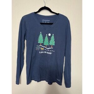 Life Is Good Womens Long Sleeve V Neck Crusher Tee Christmas Trees Dog